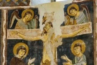 Sardinia, Santissima TrinitÃƒÂ di Saccargia, Romanesque church, fresco wall painting with Christian