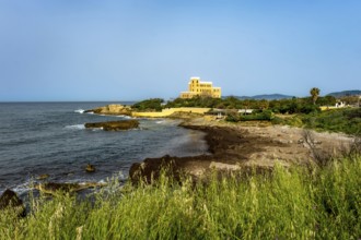 Sardinia, coastal wall, coast and beach with Villa Las Tronas Hotel and Spa, Alghero, Europe,