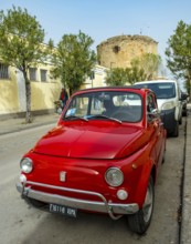 Sardinia, Red Fiat 500 in a street, number plate Roma F1, Alghero, Europe, Province of Sassari,