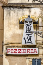 Sardinia, Ristorante Pizzeria sign, street lamp on house wall, old town, Alghero, Europe, province