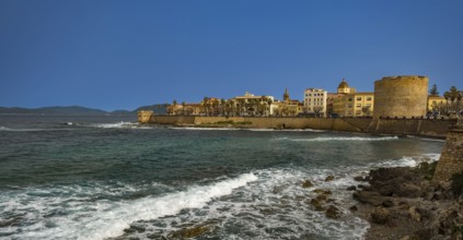 Sardinia, coastal wall, coast and beach, city wall and tower Torre San Giacomo, Torre di Sulis o de