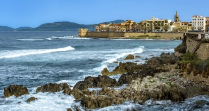 Sardinia, coastal wall, coast and beach, city wall, Torre San Giacomo, Alghero, Europe, Province of