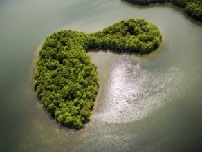 Lakeland, Pomerania, reflection, forested island, Åupawsko, Baltic Sea coast, pomorskie, Poland,
