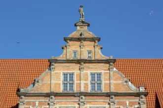 Roof gable at the Green Tor, Brama Zielona, city gate, GdaÅsk, Gdansk, Baltic Sea coast, Baltic