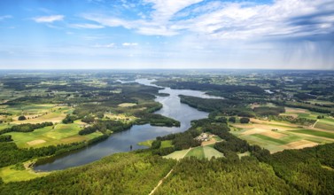 Lakeland, Pomerania, reflection, wooded island, Åakowo, Baltic Sea coast, pomorskie, Poland,