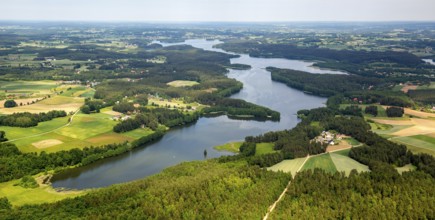 Lakeland, Pomerania, reflection, wooded island, Åakowo, Baltic Sea coast, pomorskie, Poland,