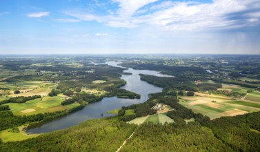 Lakeland, Pomerania, reflection, wooded island, Åakowo, Baltic Sea coast, pomorskie, Poland,