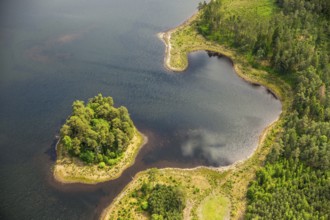 Lakeland, Pomerania, reflection, wooded island, ChoÅ'nica, Baltic Sea coast, pomorskie, Poland,