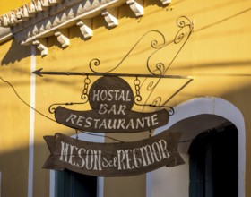 Hotel sign Hostal Bar Restaurante Meson del Regidor, Trinidad, Cuba, Sancti Spíritus, Sancti