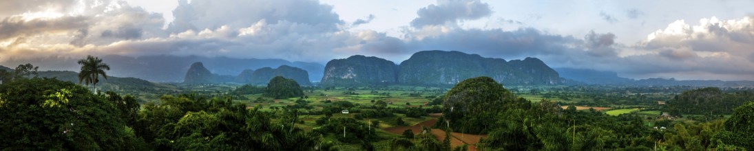 Vinales valley with karst mountains, view from Hotel Los Jazmines into the valley, panoramic view,