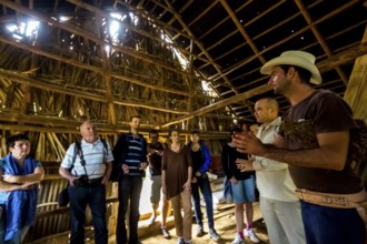 Tobacco farmer Luis Manne Alvares Rodrigues explains tobacco growing to a group of tourists, drying