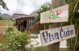 Wooden sign with the inscription Viva Cuba on a telegraph pole, Viñales, Cuba, Pinar del Río, Cuba,