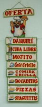 Menu and menu card, menu outside a restaurant in the streets of Vinales, Daiquiri, Cuba libre,