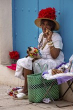 Old Cuban woman smokes a Cuban cigar on the street and posts with her cat for the tourists, La
