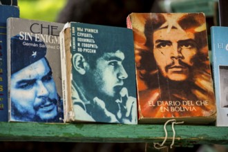 Antiquarian bookshop, used books about Ernesto Che Guevara at the flea market in the streets of Old