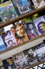 Second-hand bookshop, used books about Ernesto Che Guevara and Fidel Castro at the flea market in