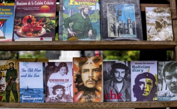 Second-hand bookshop, used books about Ernesto Che Guevara and Fidel Castro at the flea market in