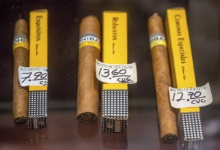 Cohiba cigars in retail sale with individual wrappers, Cuban cigars in the salesroom of a cigar