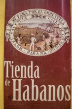 Tobacco poster in front of a Cuban cigar shop, La Habana, Cuba, Caribbean, Central America, Cuba,