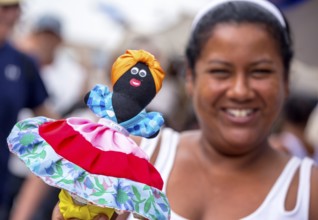 Street vendor with sewn rag doll, La Habana, Cuba, Caribbean, Central America, Cuba, Europe, aerial