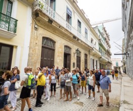Tourist group in the streets of Havana, La Habana, Cuba, Caribbean, Central America, Cuba, Europe,