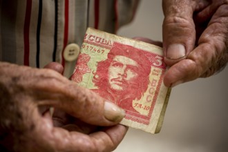 Old Cuban man holding a three peso banknote with the portrait of Ernesto Che Guevara in his hand,