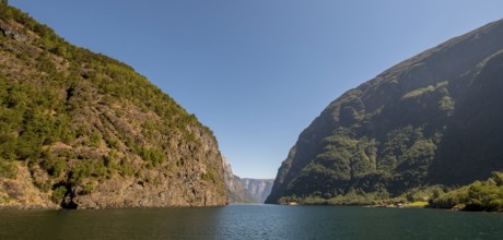 Fjord, Nærøyfjord, rock faces, mountains, blue sky, Styvi, Sogn og Fjordane, Norway, Scandinavia,