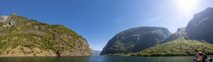Fjord, Nærøyfjord, rock faces, mountains, blue sky, sunshine, Styvi, Sogn og Fjordane, Norway,
