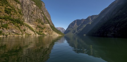 An approaching excursion boat on a beautiful fjord reflecting the light, surrounded by rocks partly