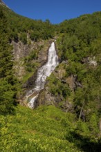 Waterfall near Stahlheim, mountains, baür sky, Skulestadmo, Hordaland, Norway, Scandinavia, Europe,