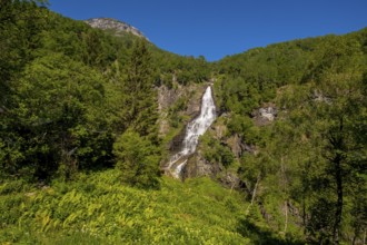 Waterfall near Stahlheim, mountains, baür sky, Skulestadmo, Hordaland, Norway, Scandinavia, Europe,