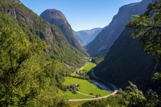 Valley, green meadows, path, rock faces, blue sky, Stalheim, Hordaland, Norway, Scandinavia,