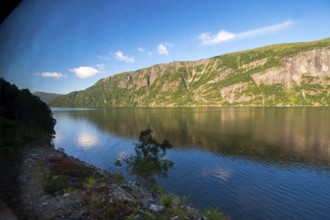Fjord landscape, rocky forests, blue sky, white clouds, Fyllingsdalen, Hordaland, Norway,