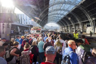 Tourists at Bergen railway station, glass dome roof, train, Bergen, Hordaland, Norway, Scandinavia,