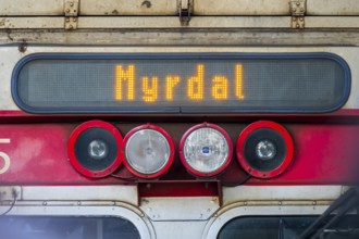 Train at Bergen station, inscription Myrdal, headlights, Hordaland, Norway, Scandinavia, Europe,