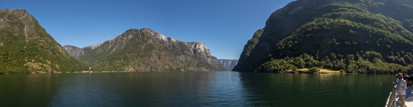 Fjord, Nærøyfjord, rock faces, mountains, blue sky, Styvi, Sogn og Fjordane, Norway, Scandinavia,