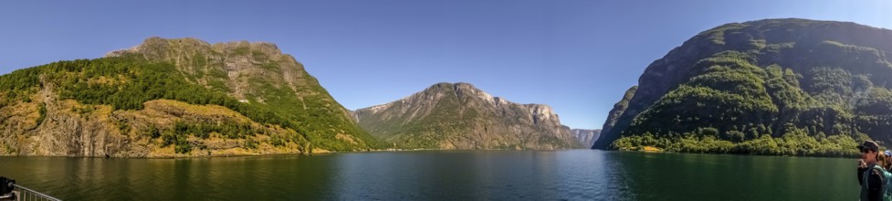 Fjord, Nærøyfjord, rock faces, mountains, blue sky, Styvi, Sogn og Fjordane, Norway, Scandinavia,