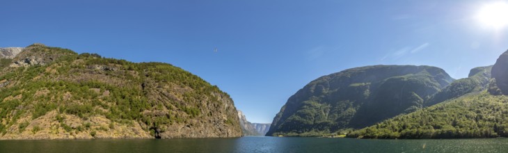 Fjord, Nærøyfjord, rock faces, mountains, blue sky, sunshine, Styvi, Sogn og Fjordane, Norway,