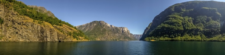 Fjord, Nærøyfjord, rock faces, mountains, blue sky, Styvi, Sogn og Fjordane, Norway, Scandinavia,