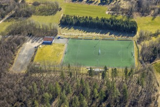 Aerial view, football stadium, sports field Hillmicke with sports home at Fockenberg, Hillmicke,