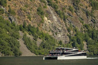 Catamaran, The Fjords, excursion boat, fjord, Nærøyfjorden, cliffs, trees, Styvi, Sogn og Fjordane,