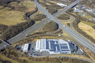 Aerial view, motorway junction Olpe-Süd, motorway A4 and motorway A45, commercial area Gerlingen