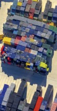 Aerial view, colourful coloured beverage crates of H. Leiter GmbH Leergutlogistik, shapes and