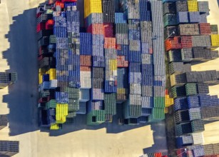 Aerial view, colourful coloured beverage crates of H. Leiter GmbH Leergutlogistik, shapes and