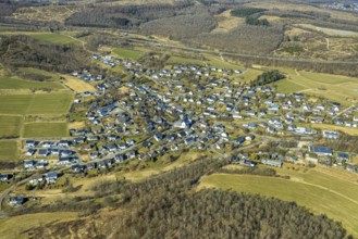 Aerial view, forest area and residential area, local view, district Hillmicke, Wenden, Sauerland,