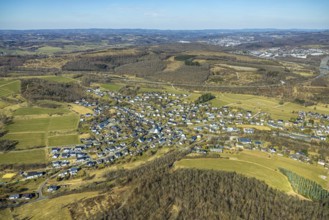 Aerial view, forest area and residential area, local view, district Hillmicke, Wenden, Sauerland,