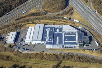 Aerial view, motorway junction Olpe-Süd, motorway A4 and motorway A45, commercial area Gerlingen