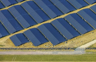 Aerial view, solar park photovoltaic plant Sternweg, grazing sheep, Hattrop, Soest, Soester Börde,