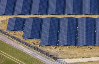 Aerial view, solar park photovoltaic plant Sternweg, grazing sheep, Hattrop, Soest, Soester Börde,