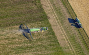 Aerial view, Tractor and agricultural spraying machine on a field, Paradiese, Soest, Soester Börde,